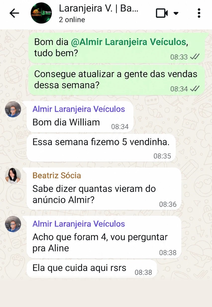 Conversa de WhatsApp: cliente informa 5 vendas na semana, 4 vindas do anúncio